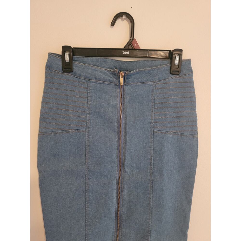 Marilyn Monroe Denim Pencil Skirt Sz M Full Front 2-Way Zip Knee Length Stretchy - Picture 12 of 12